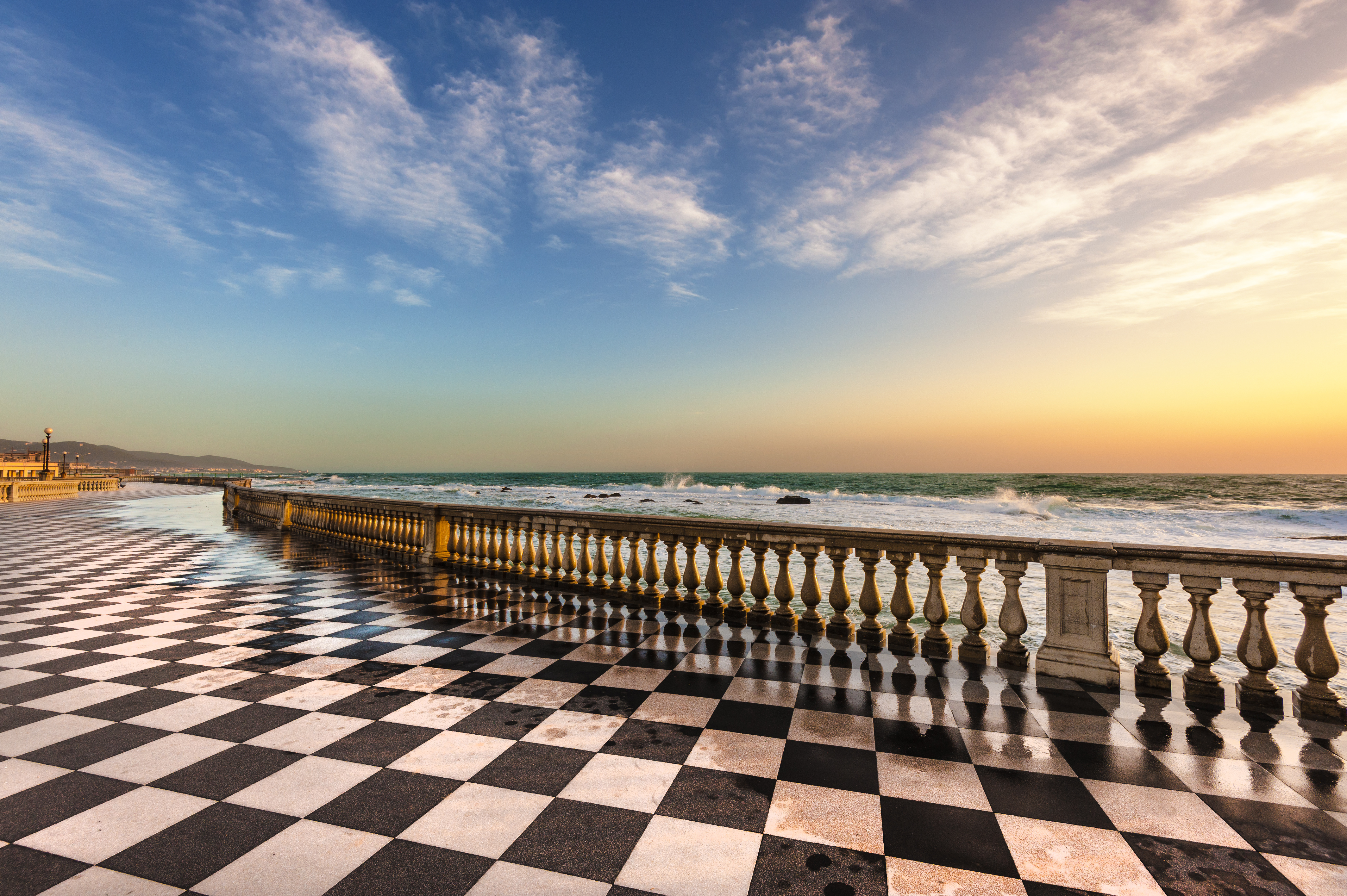 Terrace Mascagni in Livorno, viewpoint along the sea with the checkerboard floor, Tuscany, Italy